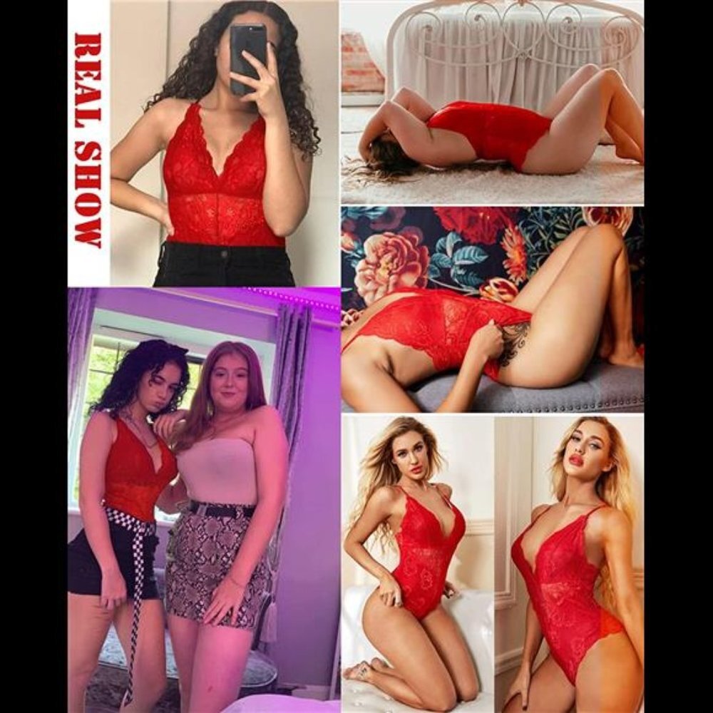 Women Snap Crotch Lingerie Sexy Lace Bodysuit Deep V One Piece - Picture 3 of 6